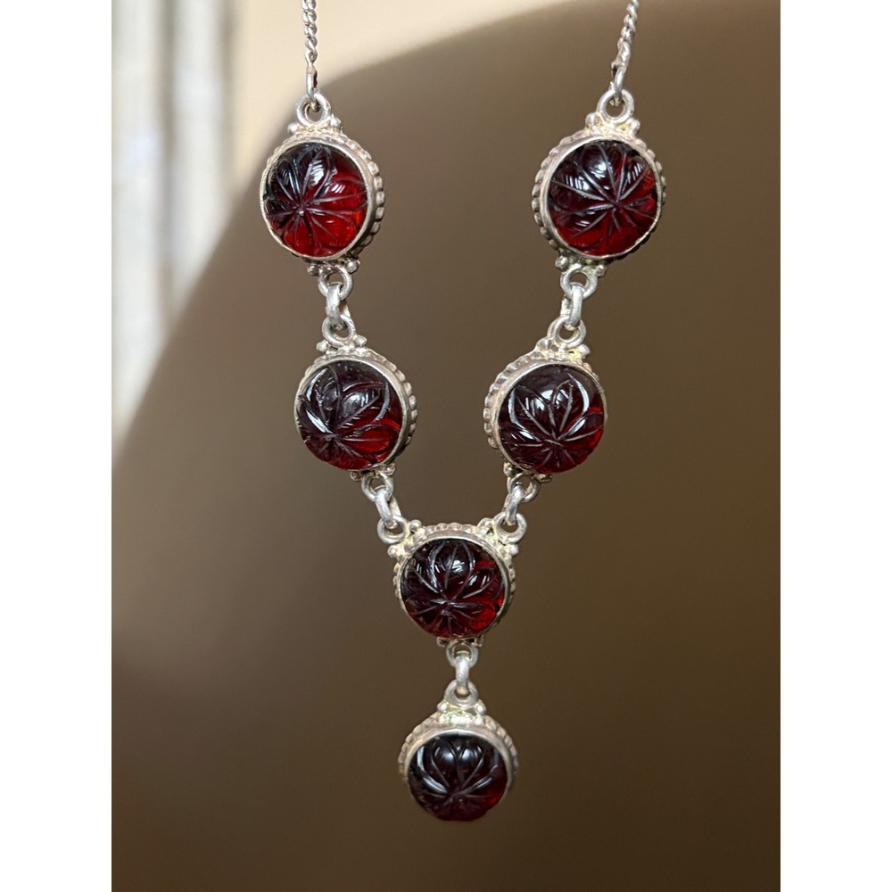 Sterling Silver 925 Carved Red Stone Floral Starburst Drop Necklace 16 Inch - Picture 2 of 8